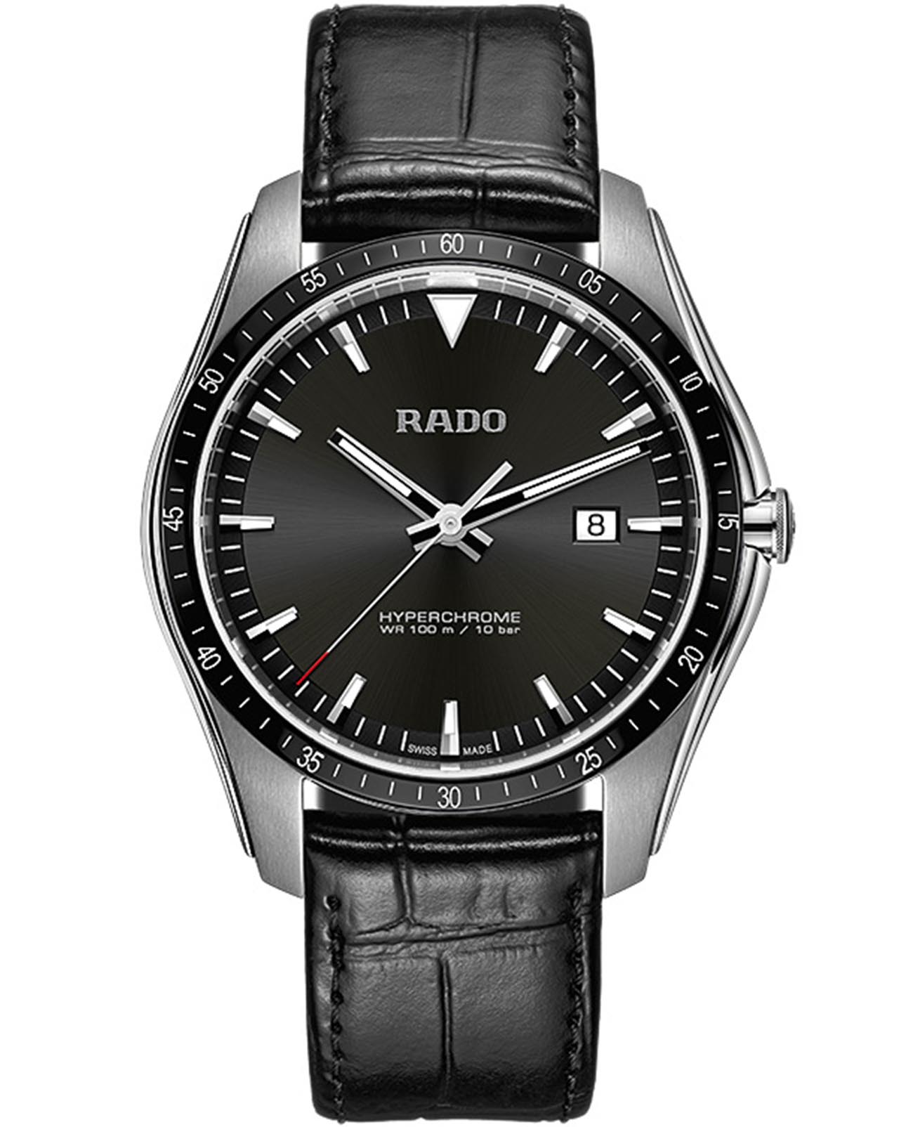 Rado Rado Hyperchrome R32502155  R32502155 кварцевые мужские часы черный циферблат, браслет кожаный — вид спереди