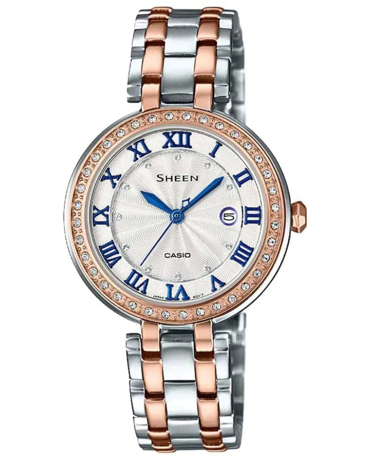 Casio Casio Sheen SHE-4034BSG-7BUDR  SHE-4034BSG-7BUDR кварцевые женские часы серебристый циферблат, браслет сталь с ip покрытием — вид спереди