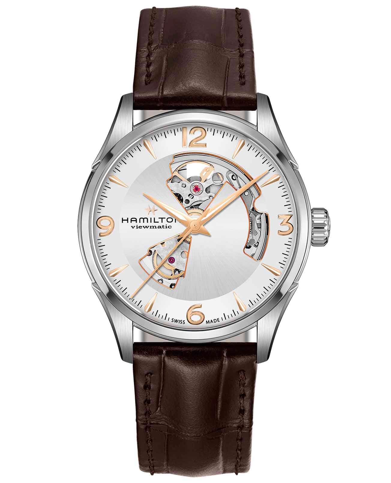 Hamilton Hamilton Jazzmaster Open Heart Auto H32705551  H32705551 механические мужские часы серебристый циферблат, браслет кожаный — вид спереди