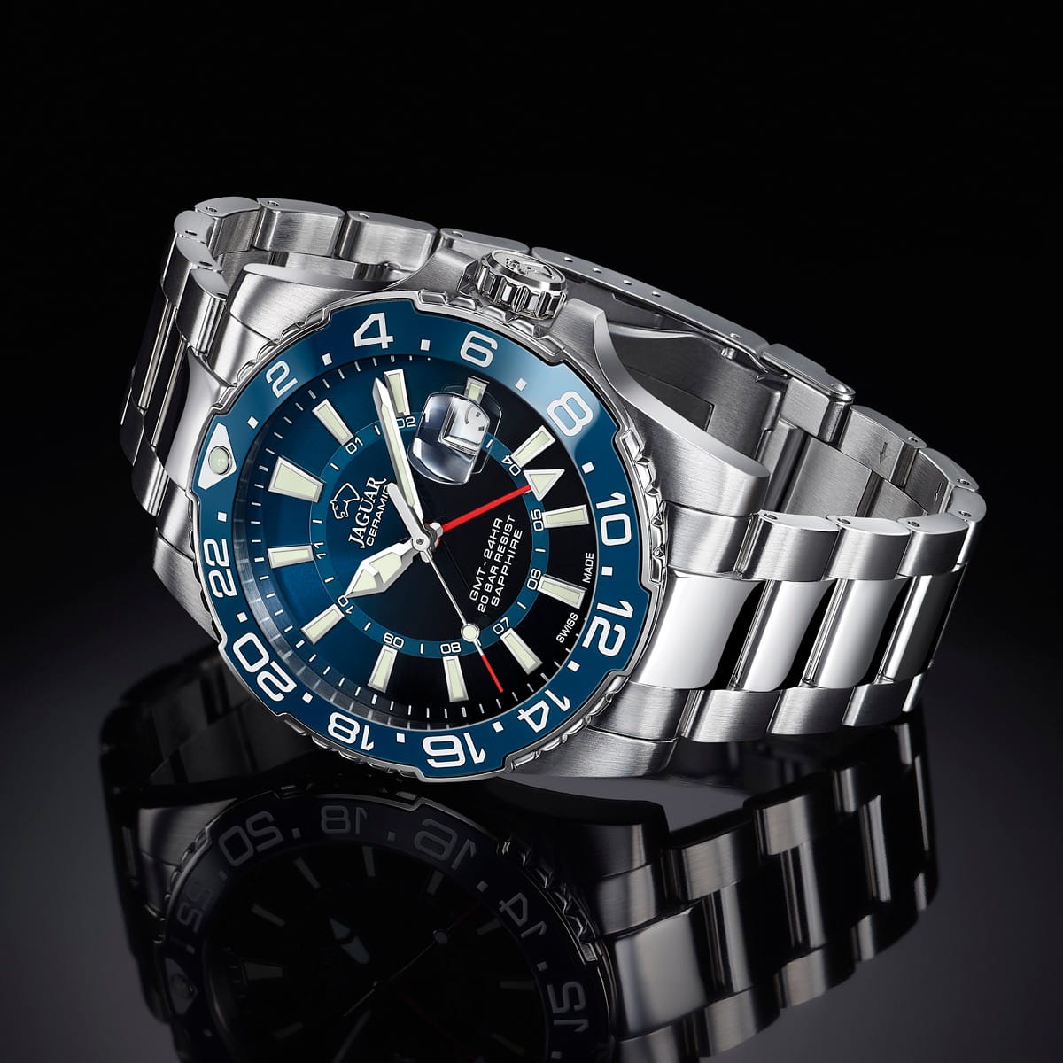 Jaguar Jaguar Ceramic GMT J1011/2,  швейцария мужские часы на браслете нержавеющая сталь боковой вид