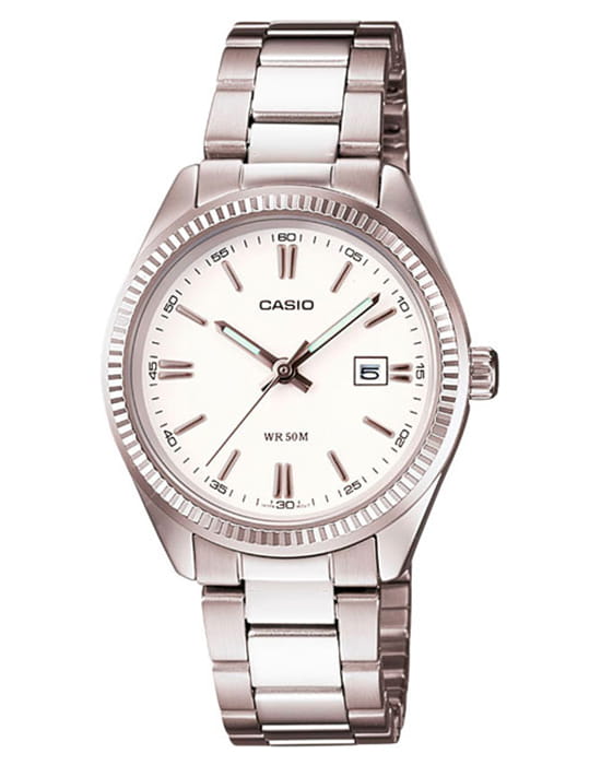 Casio Casio Collection LTP-1302PD-7A1  LTP-1302PD-7A1 кварцевые женские часы белый циферблат, браслет нержавеющая сталь — вид спереди