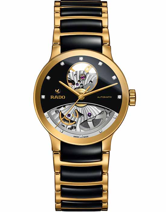 Rado Rado Centrix Automatic Diamonds Open Heart  R30246712 Automatic R30246712 механические женские часы черный циферблат, браслет сталь + pvd + керамика — вид спереди