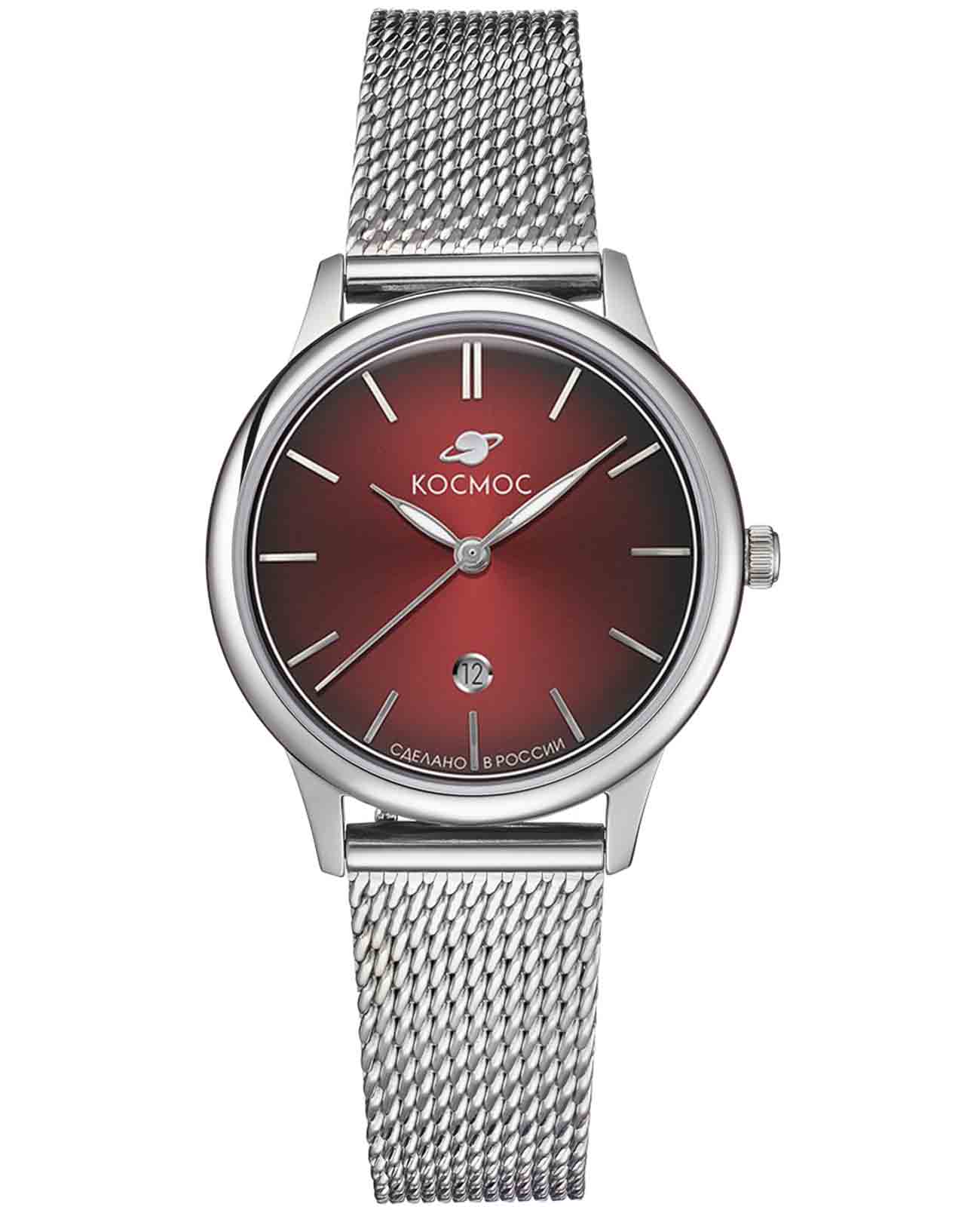Космос Космос Созвездие K 601.10.34  K 601.10.34 кварцевые женские часы красный циферблат, браслет нержавеющая сталь — вид спереди