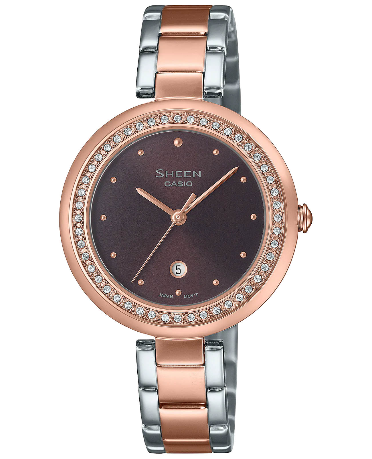 Casio Casio Sheen SHE-4556SPG-5A  SHE-4556SPG-5A кварцевые женские часы коричневый циферблат, браслет сталь с ip покрытием — вид спереди