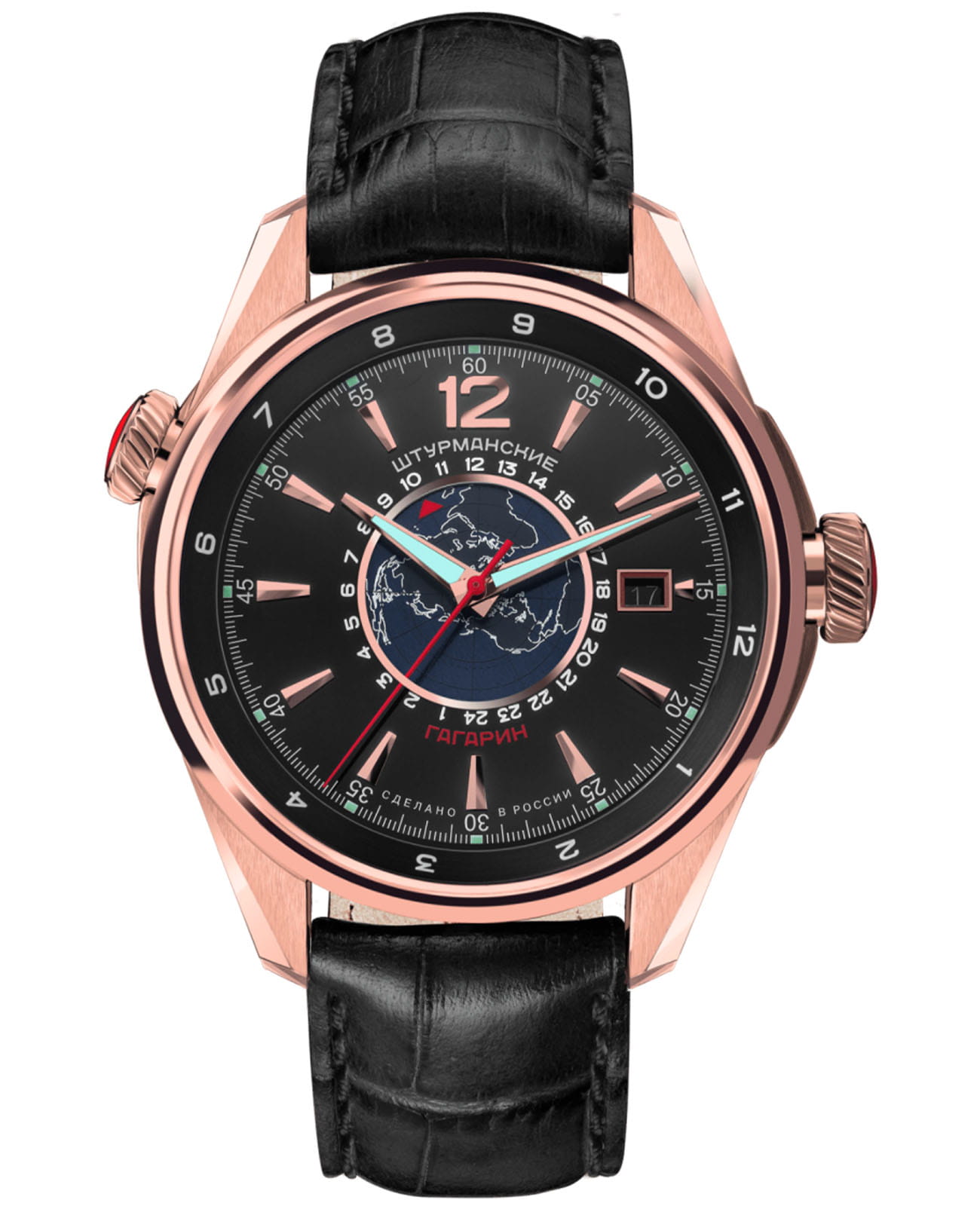 Штурманские Штурманские Гагарин День-Ночь 2432/4579794  2432/4579794 механические мужские часы черный циферблат, браслет кожаный — вид спереди