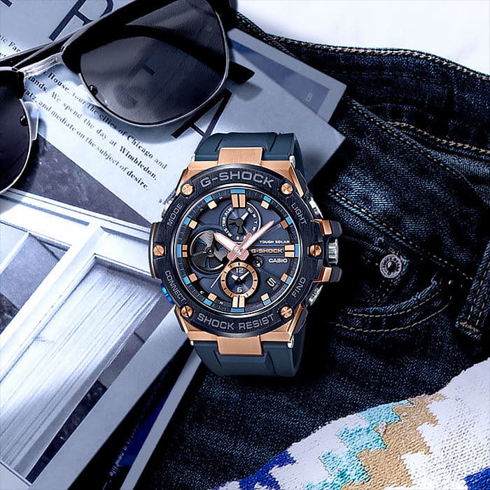 Casio Casio G-Shock GST-B100G-2A, g-shock япония мужские часы на браслете пластик боковой вид