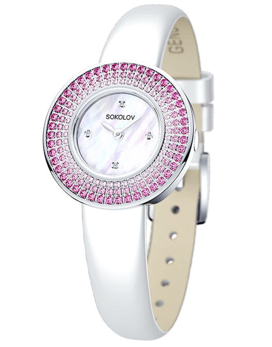 Sokolov 128.30.00.006.01.02.2   128.30.00.006.01.02.2 кварцевые женские часы перламутровый циферблат, браслет кожаный — вид спереди
