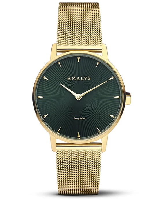 Amalys Amalys Baker AMW-173  AMW-173 кварцевые женские часы зеленый циферблат, браслет нержавеющая сталь с pvd-покрытием — вид спереди