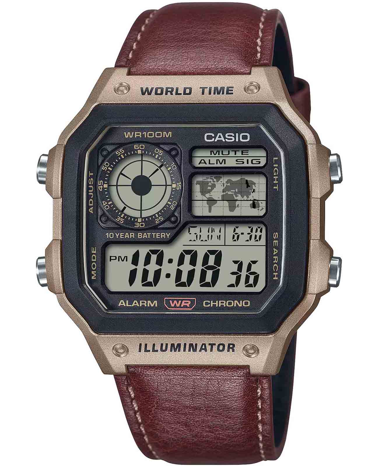 Casio Casio Collection AE-1200WHL-5AVDF (AE-1200WHL-5A)  AE-1200WHL-5A кварцевые мужские часы  циферблат, браслет кожаный — вид спереди