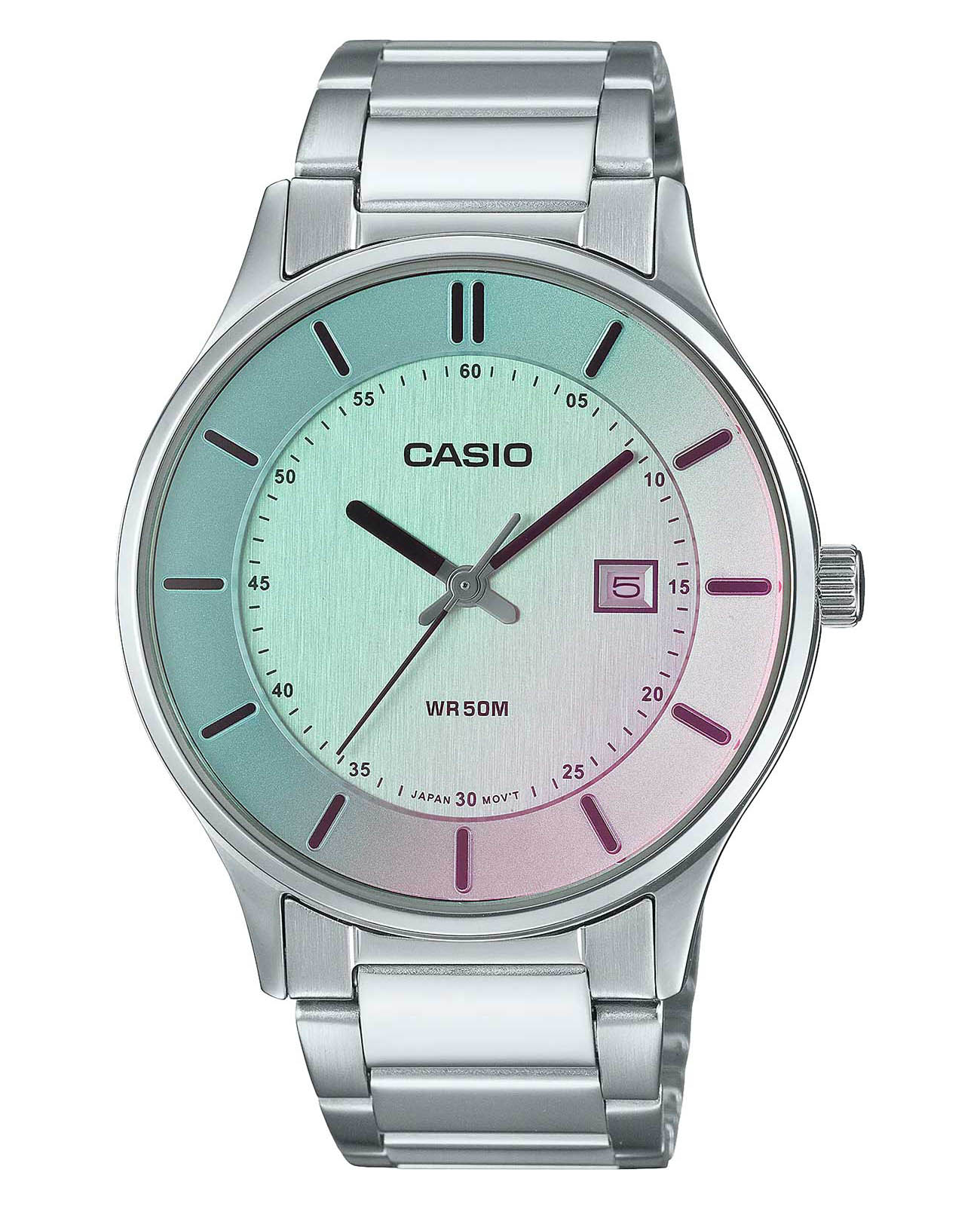 Casio Casio Collection MTP-E605D-7E  MTP-E605D-7E кварцевые мужские часы зеленый циферблат, браслет нержавеющая сталь — вид спереди