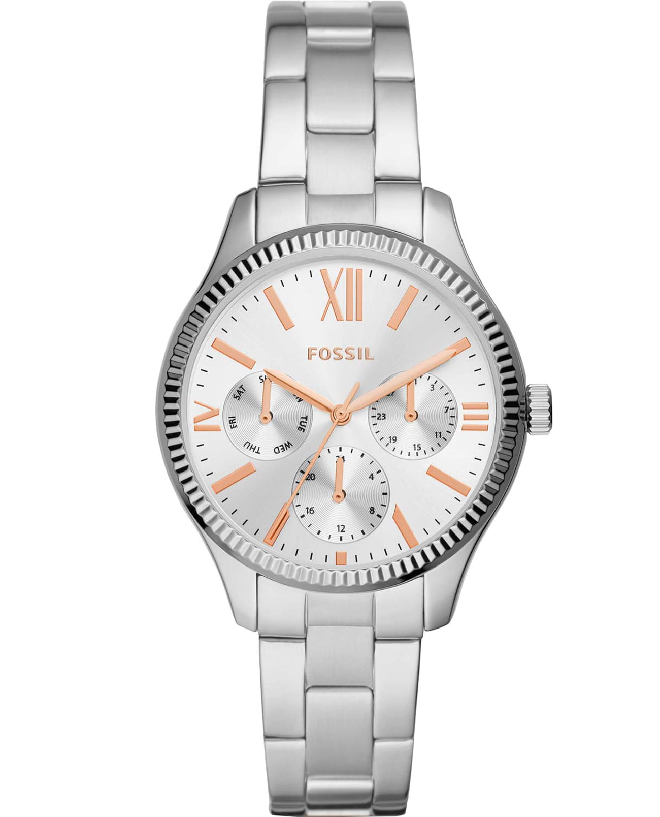 Fossil Fossil FB-02  BQ3690  BQ3690 кварцевые женские часы белый циферблат, браслет нержавеющая сталь — вид спереди