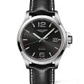 Longines Longines Conquest V.H.P. L3.726.4.56.2  L37264562 кварцевые мужские часы черный циферблат, браслет кожаный — вид спереди
